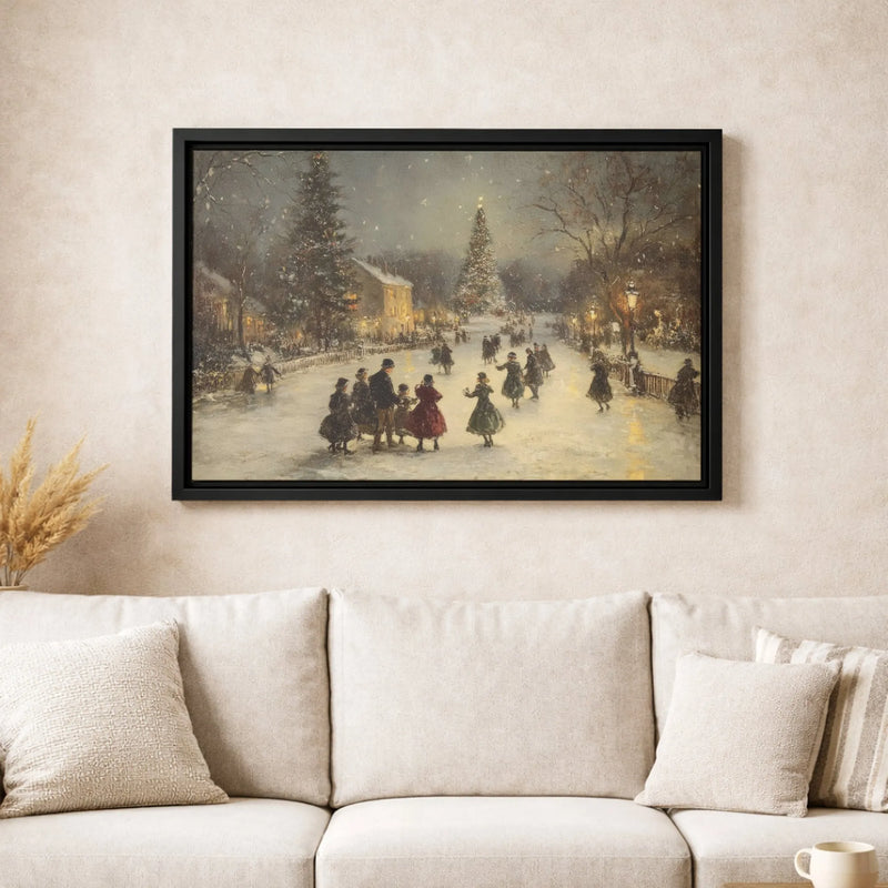 Snowy Village Canvas Print, Vintage Christmas Canvas Wall Art, Winter Ice Skating Canvas Art, Festive Holiday Wall Decor, Seasonal Xmas Present