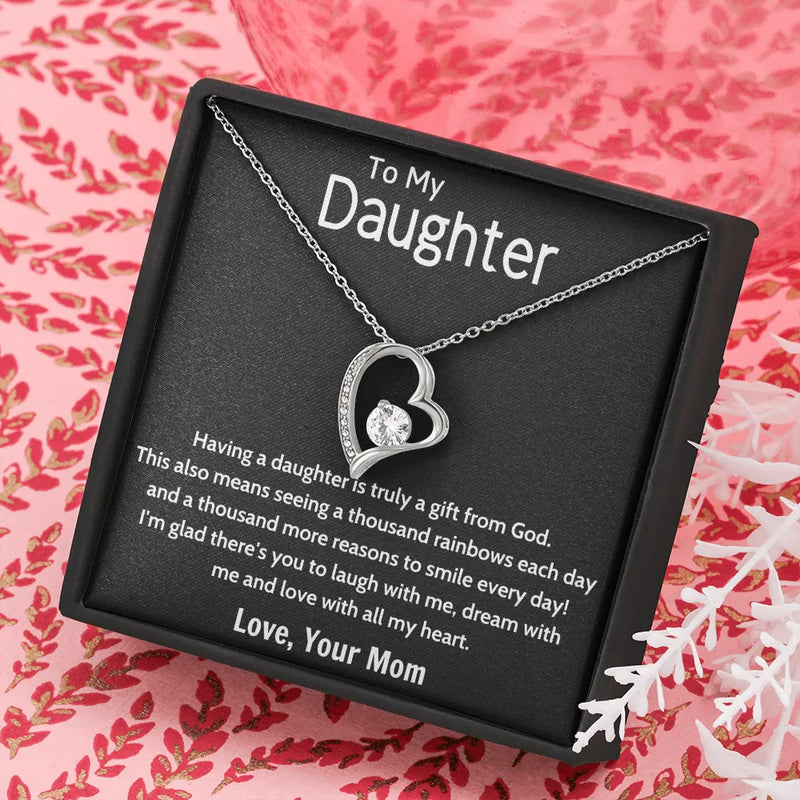 Daughter Heart Pendant Necklace, Forever Love Heart Necklace, 14K White Gold Finish Cubic Zirconia Necklace, Christmas Birthday Present for Her