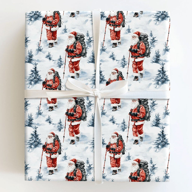 Watercolor Winter Forest Gift Wrap, Hiking Santa Wrapping Paper, Outdoor Santa Claus Christmas Wrapping Paper, Adventure Holiday Gift Wrap
