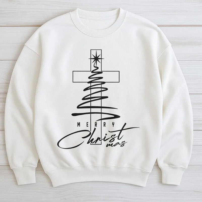 Minimal Cross Tree Crewneck, Christian Christmas Sweatshirt, Religious Holiday Sweatshirt, Faith Based Pullover, Christian Present Sweatshirt
