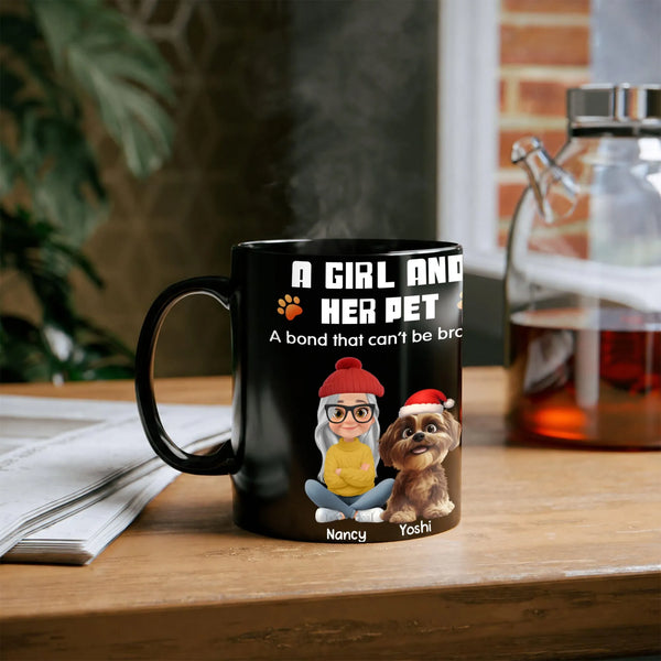 Personalized Girl and Pet Coffee Mug with Names, Custom Dog Mom Ceramic Mug, Holiday Christmas Drinkware, Dog Lover Birthday 