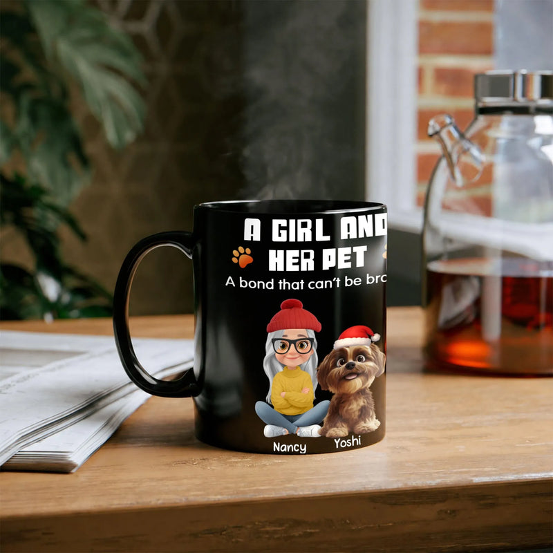 Personalized Girl and Pet Coffee Mug with Names, Custom Dog Mom Ceramic Mug, Holiday Christmas Drinkware, Dog Lover Birthday Cup