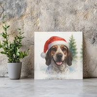 Watercolor Holiday Dog Portrait Canvas Wall Art, Christmas Beagle Santa Hat Square Canvas Print, Adorable Puppy Xmas Canvas Decor, Dog Mom Present