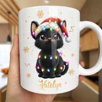Adorable Kitten Santa Hat Fairy Lights Coffee Mug, Black Cat Christmas Mug, Holiday Pet Lover Cup, Festive Cat Ceramic Mug