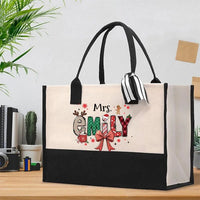 Custom Name Winter Cotton Tote Bag, Personalized Christmas Elk Snowflakes Tote Bag, Holiday Reindeer Canvas Shopping Bag Present
