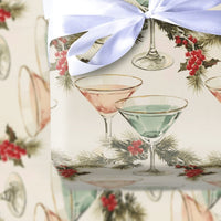 Pink and Teal Cocktail Gift Wrap, Christmas Martini Wrapping Paper, Retro Holiday Drinks Wrapping Paper, Festive Pine and Holly Gift Wrap