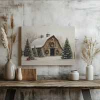 Snowy Winter Farmhouse Canvas, Christmas Barn Canvas Wall Art, Rustic Holiday Evergreen Canvas Print, Country Home Decor, Digital Download