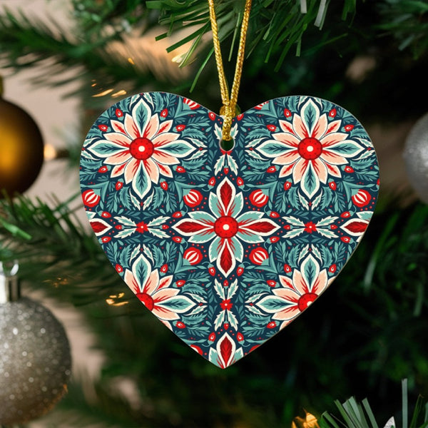 Floral Christmas Ceramic Ornament, Poinsettia Folk Art Heart Ornament, Vintage Botanical Holiday Heart Ornament, Festive Tree