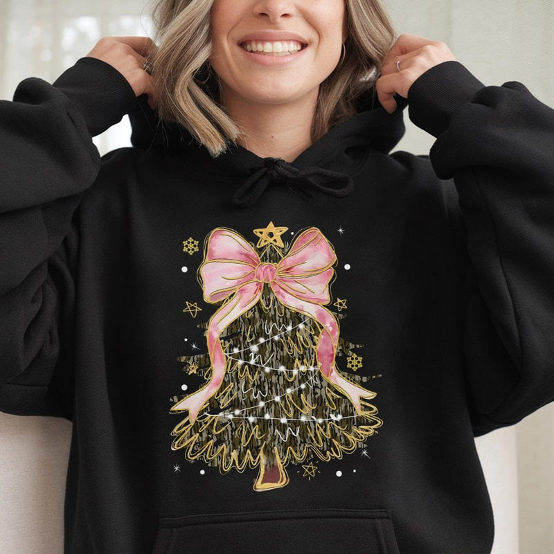 Pink Coquette Bow Holiday Tree Sweatshirt, Camo Christmas Tree Hoodie, Camouflage Xmas Pullover, Girly Preppy Winter Holiday Apparel
