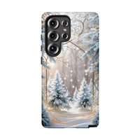 Snowy Forest Phone Case, Winter Wonderland iPhone Case, Gold Swirl Magical Dual Layer Tough Cover, Christmas Holiday Present for Her