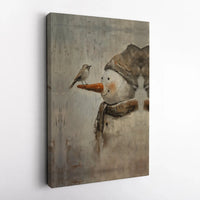 Winter Bird and Snowman Canvas Print, Rustic Snowman Canvas Wall Art, Country Holiday Wall Art, Seasonal Christmas Canvas Decor, Xmas Present