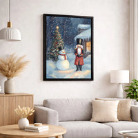 Snowy Winter Scene Canvas Print, Nutcracker and Snowman Christmas Wall Art, Whimsical Holiday Canvas Decor, Festive Christmas Present