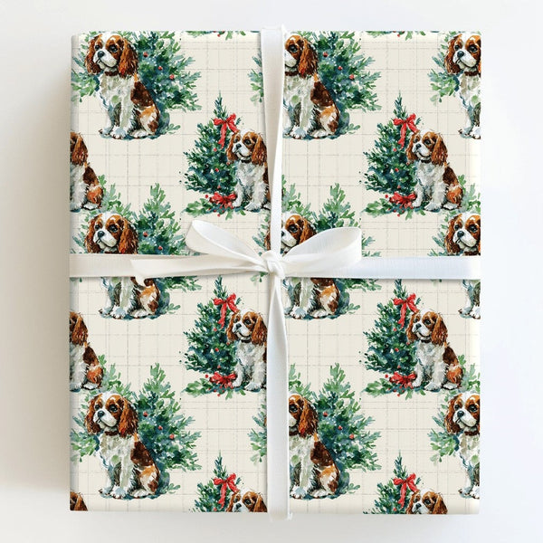 Christmas Tree Dog Gift Wrap, Cavalier King Charles Wrapping Paper, Watercolor Spaniel Wrapping Paper, Holiday Dog Lover Gift