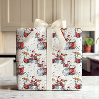 Watercolor Drummer Gift Wrap, Drumming Santa Christmas Wrapping Paper, Rock and Roll Santa Wrapping Paper, Music Lover Holiday Gift Wrap