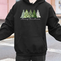 Comfy Botanical Holiday Tree Pullover, Watercolor Christmas Tree Hoodie, Merry Christmas Graphic Hooded Sweatshirt, Festive Winter Present