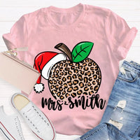 Custom Name Christmas T-Shirt, Personalized Leopard Santa Hat Shirt, Festive Holiday Graphic Tee, Comfy Xmas Present for Her, Adorable Top