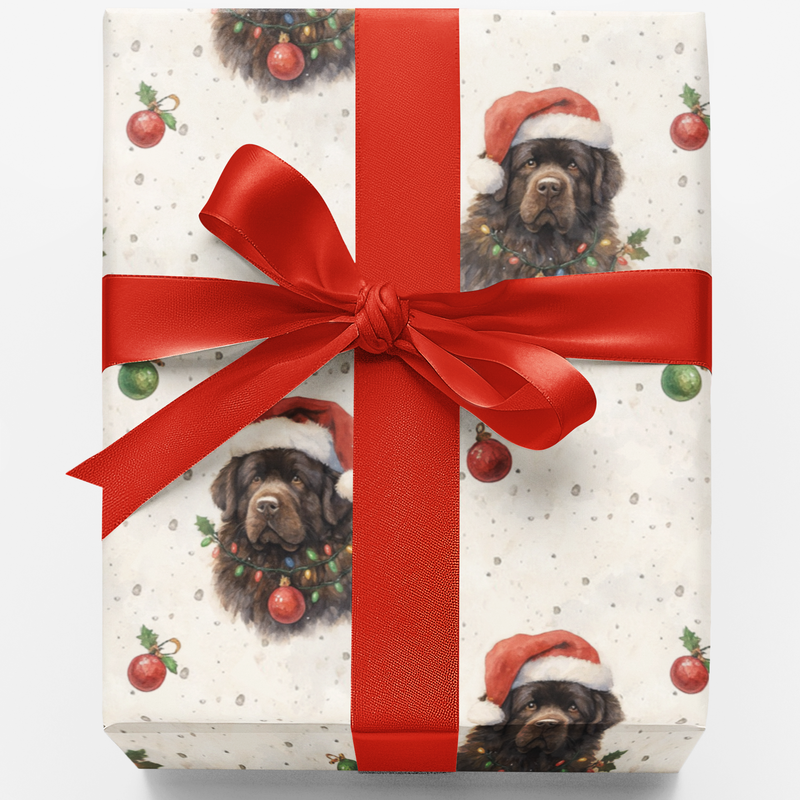 Santa Hat Puppy Holiday Gift Wrap, Newfoundland Dog Christmas Wrapping Paper, Festive Dog Xmas Wrapping Paper, Pet Lover Holiday Gift Wrap