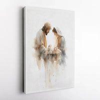 Holy Family Religious Wall Art, Watercolor Nativity Scene Canvas, Christian Christmas Home Decor Print, Jesus Manger Holiday Canvas Decor