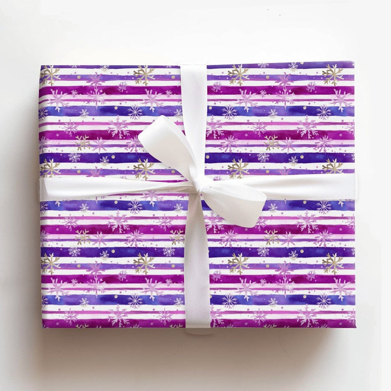 Watercolor Striped Holiday Gift Wrap, Purple and Gold Snowflake Wrapping Paper, Winter Christmas Paper, Lavender Snowflake Gift Wrap