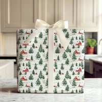 Pine Tree Christmas Gift Wrap, Watercolor Snowy Village Wrapping Paper, Winter Village Holiday Wrapping Paper, Rustic Xmas Gift Wrap Roll