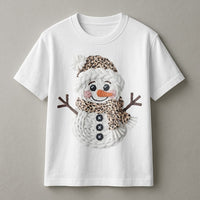 Faux Yarn Macrame Graphic Tee, Leopard Print Snowman Christmas Shirt, Adorable Holiday Snowman T-Shirt, Winter Snowman Graphic Tee Present for Her