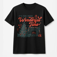 Vintage Holiday Fireplace Graphic Tee, It's the Most Wonderful Time Christmas T-Shirt, Retro Xmas Tree Shirt, Festive Holiday Tee