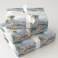 Coastal Resort Watercolor Gift Wrap, Tropical Beach Christmas Wrapping Paper, Ocean Palm Tree Wrapping Paper Roll