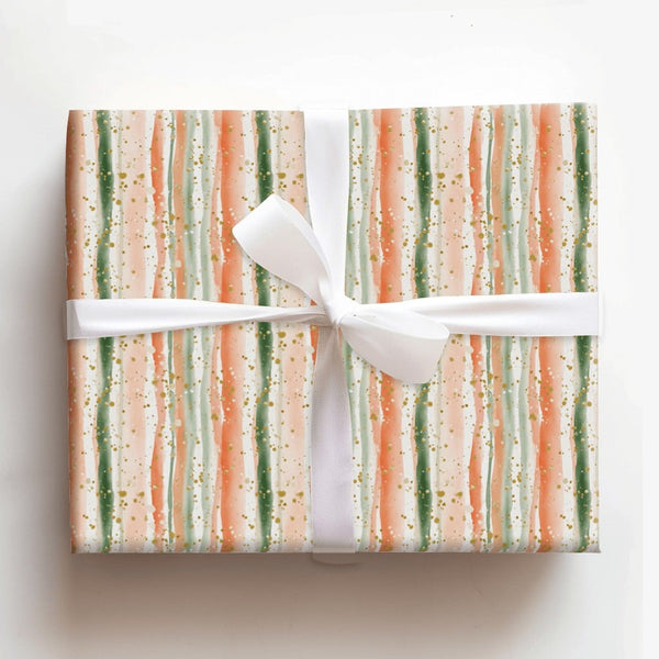 Coral and Green Holiday Gift Wrap, Watercolor Stripe Wrapping Paper, Modern Abstract Wrapping Paper, Artistic Christmas Wrapp