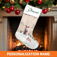 Custom Cat Christmas Stocking, Personalized Reindeer Cat Christmas Stocking, Adorable Pet Holiday Stocking, Velboa Fabric Xmas Stocking Decor
