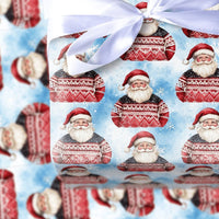 Adorable Christmas Santa Gift Wrap, Nordic Sweater Santa Wrapping Paper, Winter Holiday Wrapping Paper Roll, Snowy Blue Xmas Wrapping Paper