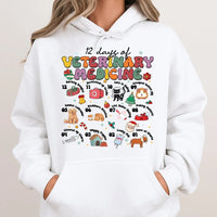 Humorous Vet Tech Christmas Sweatshirt, 12 Days of Veterinary Medicine Hoodie, Animal Doctor Hooded Pullover, Holiday Present for Veterinarians