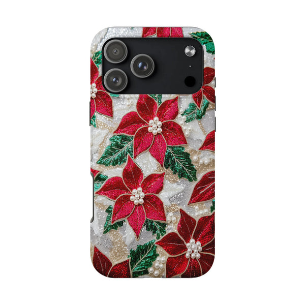 Textured Sequin Pearl Floral Phone Cover, Christmas Poinsettia iPhone Case, Dual Layer Tough Case, Holiday Season Phone Case,