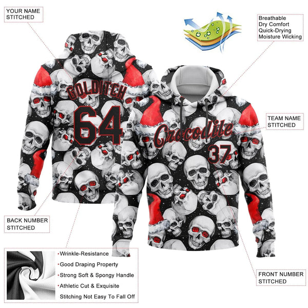 Personalized Xmas Hoodie, Custom Skull Santa Hat Christmas Hoodie, Holiday Skull Pullover Hoodie, Custom Christmas Sweatshirt
