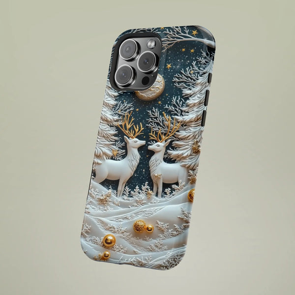 3D Relief Snowy Forest Moonlit Phone Cover, Winter Reindeer iPhone Case, Dual Layer Tough Phone Case, Christmas Holiday Prese