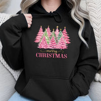Aesthetic Pine Trees Hooded Sweatshirt, Pink Christmas Tree Hoodie, Adorable Pink Holiday Tree Hoodie, Festive Tree Pullover, Xmas Present for Her