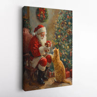 Retro Holiday Painting Canvas Print, Vintage Santa Claus and Cat Canvas Wall Art, Festive Christmas Wall Decor, Comfy Winter Home Present Canvas