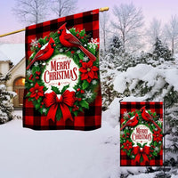 Merry Christmas Buffalo Plaid Wreath Yard Flag, Christmas Cardinal Garden Flag, Double-Sided Winter Bird Lawn Flag, Holiday Home Decor