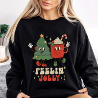 Retro Holiday Tree Sweatshirt, Feelin' Jolly Christmas Sweatshirt, Adorable Hot Cocoa Graphic Crewneck, Vintage Christmas Sweatshirt, Xmas Present