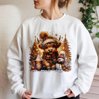 Adorable Winter Cow Crewneck, Highland Cow Christmas Sweatshirt, Snowman Cocoa Holiday Sweater, Farm Animal Pullover, Xmas Cow Sweatshirt