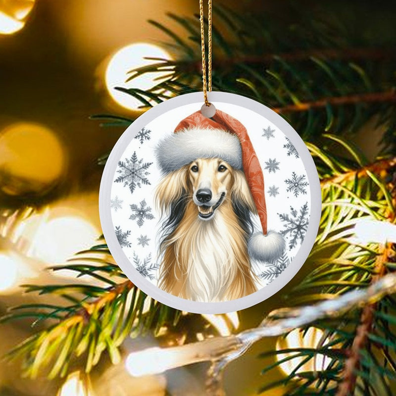 Santa Hat Dog Ornament, Afghan Hound Christmas Ornament, Festive Afghan Hound Ceramic Ornament, Adorable Puppy Tree Decor, Dog Lover Xmas Present