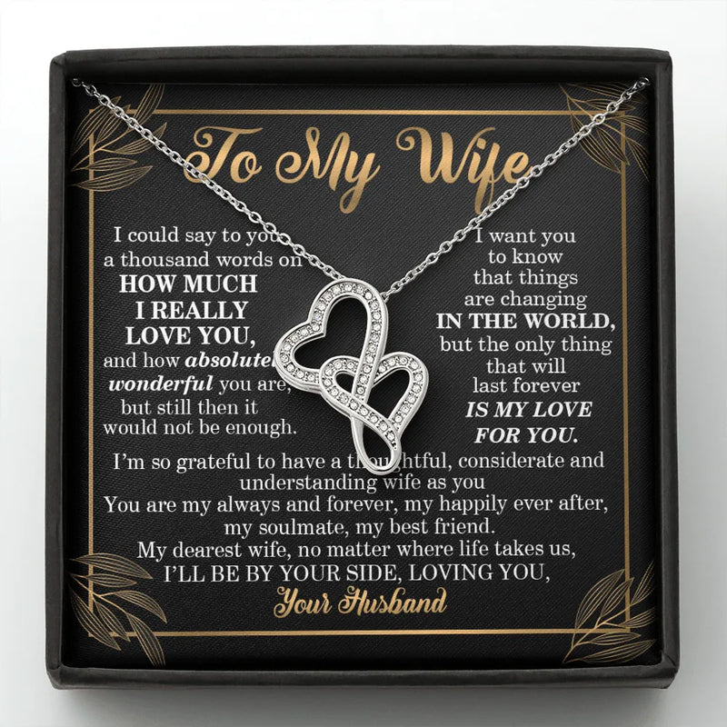 CZ Eternal Bond Heart Pendant, Double Heart Necklace for Wife, 14K White Gold Stainless Steel Necklace, Christmas Anniversary Present for Her