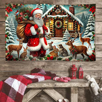 Winter Woodland Deer Cabin Banner, Santa Claus Christmas House Flag, Double-Sided Holiday Garden Flag, Rustic Xmas Lawn Decor