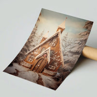 Whimsical Winter Forest Scene Poster, Gingerbread Church Wall Art, Comfy Christmas Village Print, Festive Holiday Decor Poster Present