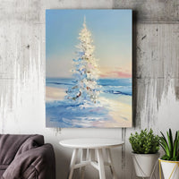 Snowy Coastal Impressionist Canvas Print, White Christmas Tree Beach Poster, Holiday Seaside Ocean Wall Art, Digital Download