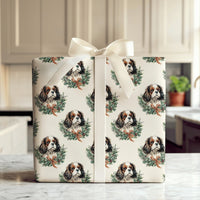 Vintage Spaniel Wreath Gift Wrap, Cavalier King Charles Wrapping Paper, Adorable Dog Christmas Wrapping Paper, Holiday Pet Gift Wrapping Paper