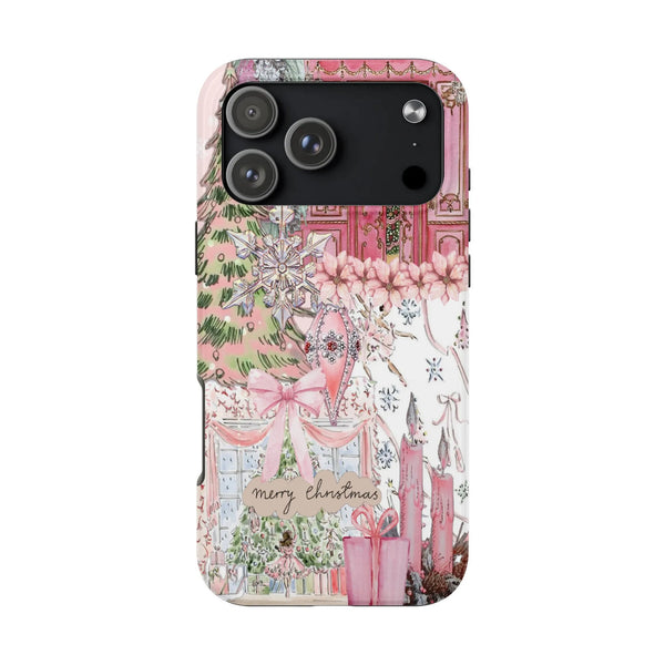 iPhone Tough Phone Cover, Pink Christmas Phone Case, Watercolor Holiday Tree Phone Case, Coquette Christmas Bow Phone Case Xm
