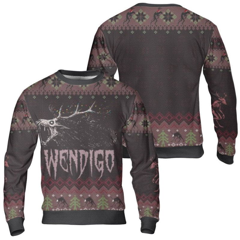 Spooky Cryptid Holiday Sweater, Wendigo Ugly Christmas Sweater, Gothic Horror Crewneck Sweatshirt, Folk Monster Graphic Winter Sweater
