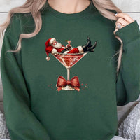 Holiday Cocktail Graphic Crewneck, Christmas Santa Martini Sweatshirt, Humorous Xmas Party Pullover Sweater, Retro Santa Festive Sweatshirt