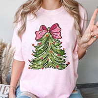 Retro Christmas Tree Shirt, Pink Bow Christmas Tree T-Shirt, Adorable Coquette Holiday Tee, Festive Tree Graphic T-Shirt, Xmas Present for Women