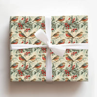 Winter Bird Botanical Gift Wrap, Vintage Robin Christmas Wrapping Paper, Pine Holly Berry Wrapping Paper, Rustic Holiday Present Wrap